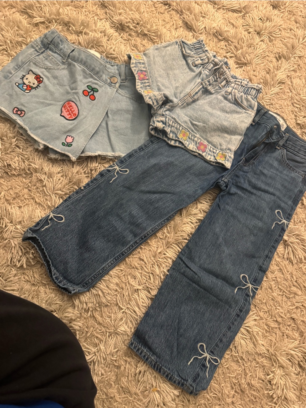 Dark and Light Blue Embroidered baggy jeans &  hello kitty skort & flower shorts